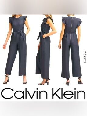 Calvin Klein Ruffle-Sleeve Chambray Jumpsuit (4)